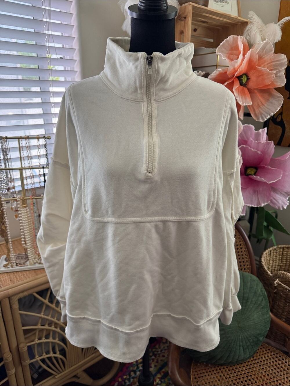 Free People Movement Cream Quarter Zip Popover Funnel Neck Sweatshirt